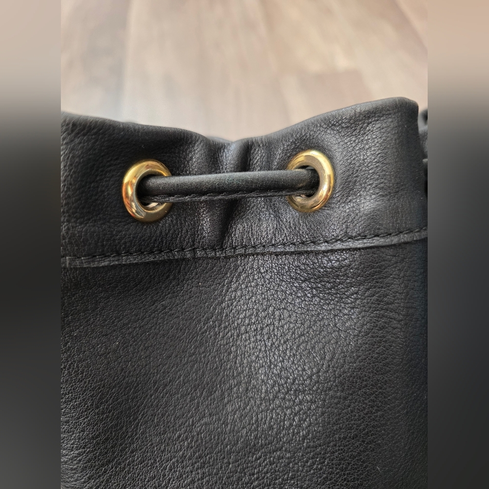 LONGCHAMP BUCKET BAG Black Leather Drawstring 2000s Vintage Designer Y2K - Picture 11 of 15